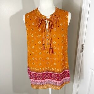 DANIEL RAINN Mustard Yellow & Purple Tie V-Neck Sleeveless Flowy Blouse - MEDIUM